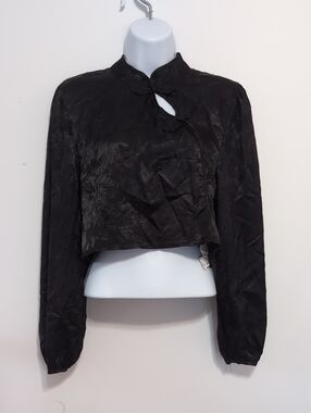OKP Black Satin Embossed High Neck Long Sleeve Top Size  Medium